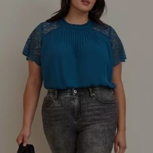 Georgette Lace Trim Flutter Sleeve Blouse